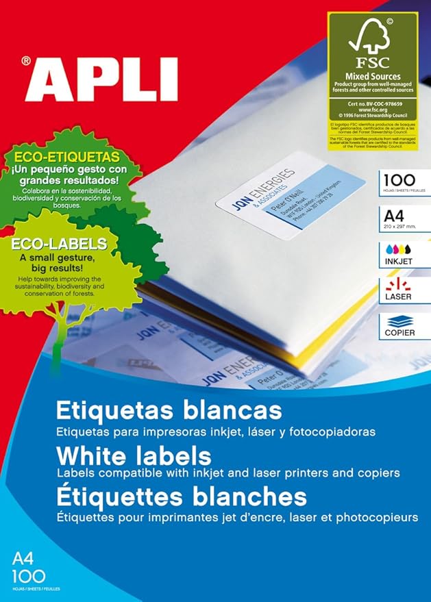APLI 12330 – White Permanent Labels 105 x 28.8 mm 100 Sheets