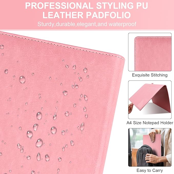 Clipboard Padfolio with Storage Pocket,Clipboard Folder Portfolio Organizer,360 Degree Foldable Clipboards,Faux Leather Padfolio Organizer (Pink, A4 Size Folder Without Elastic Band)