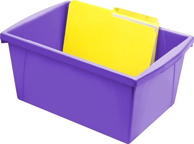 Storex 5.5 Gallon Storage Bin – Plastic Classroom Organizer for Books and Supplies, Violet, 1-Pack (61486C06C)