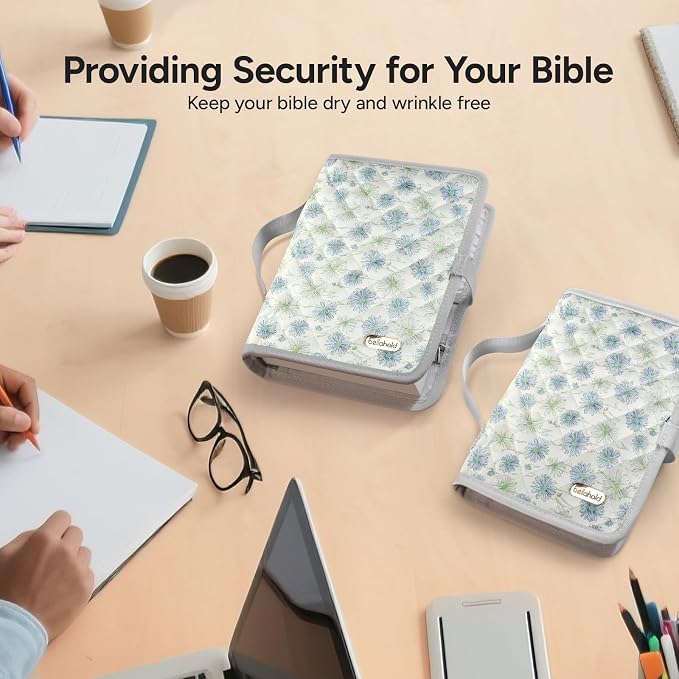 BellaHold Adjustable Bible Cover with 75 Bible Tabs - Bible Cover Case for Women，Waterproof, Washable Quilted Bible Case，Reusable Christian Gifts for Women (Daisy-TS)
