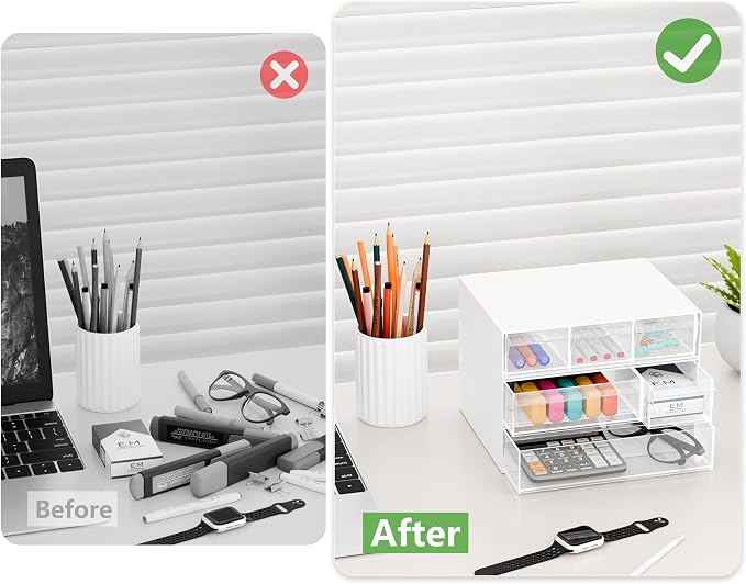 Gonice Desk Organizer 3 Tier Stackable Storage Drawers with 6 Compartments, White Plastic Stackable Supplies Drawer Organizer for Office, Home, School