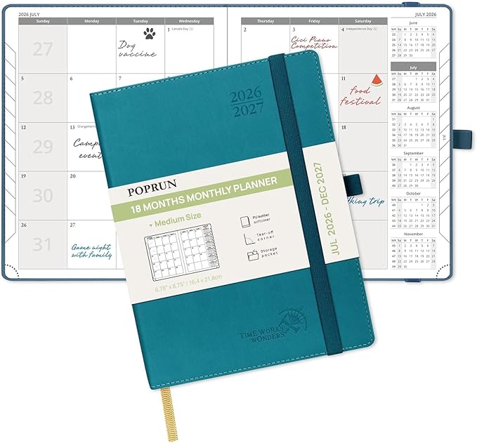 POPRUN Monthly Planner 2026-2027 (Medium- 6.5'' x 8.5'' Soft Cover), 18-Month Calendar Book (Jul.2026-Dec.2027), Calendar Planner with Monthly Tabs & Pocket, 100 GSM Paper - Pacific Green