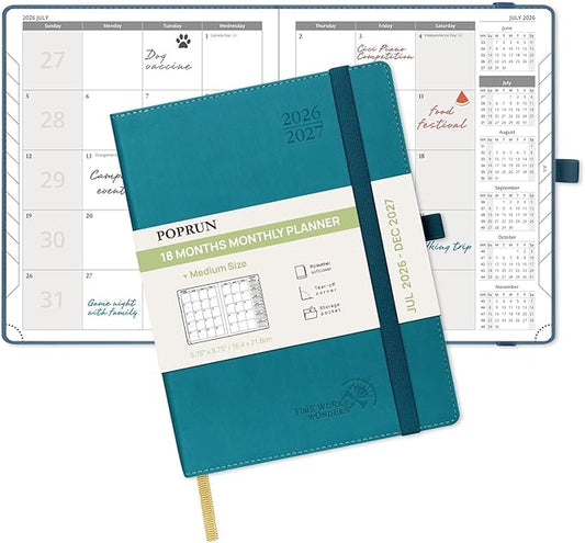 POPRUN Monthly Planner 2026-2027 (Medium- 6.5'' x 8.5'' Soft Cover), 18-Month Calendar Book (Jul.2026-Dec.2027), Calendar Planner with Monthly Tabs & Pocket, 100 GSM Paper - Pacific Green