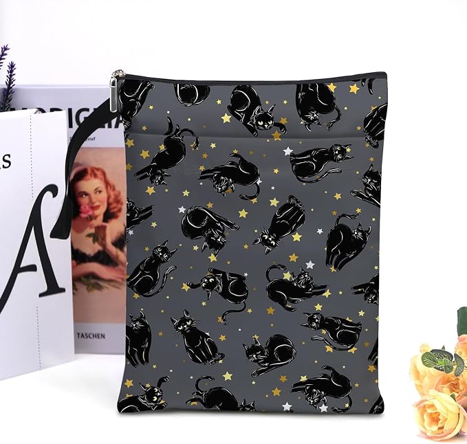 Cat Book Sleeve,Book Covers for Paperbacks,Book Sleeves with Zipper, Book Pouch Cat Lover Gifts for Women Teacher Daughter Graduation Birthday Gifts (Black Cat 02, Large)
