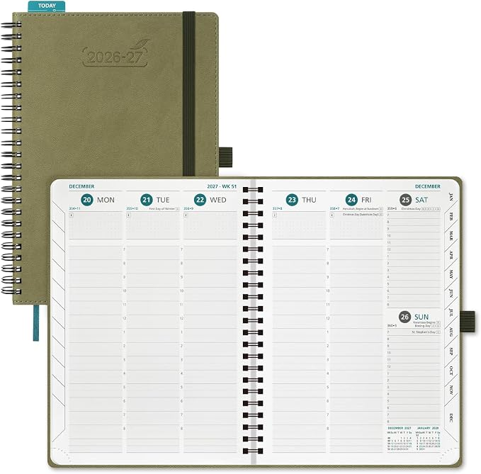 BEZEND Weekly Planner 2026-2027 (8.5" x 11") with Hourly Timeslots (Jul 26-Dec 27) 18 Months Academic Calendar & Monthly Tabs, for Students, Work & Home, Spiral PU Leather Softcover -Kiwi