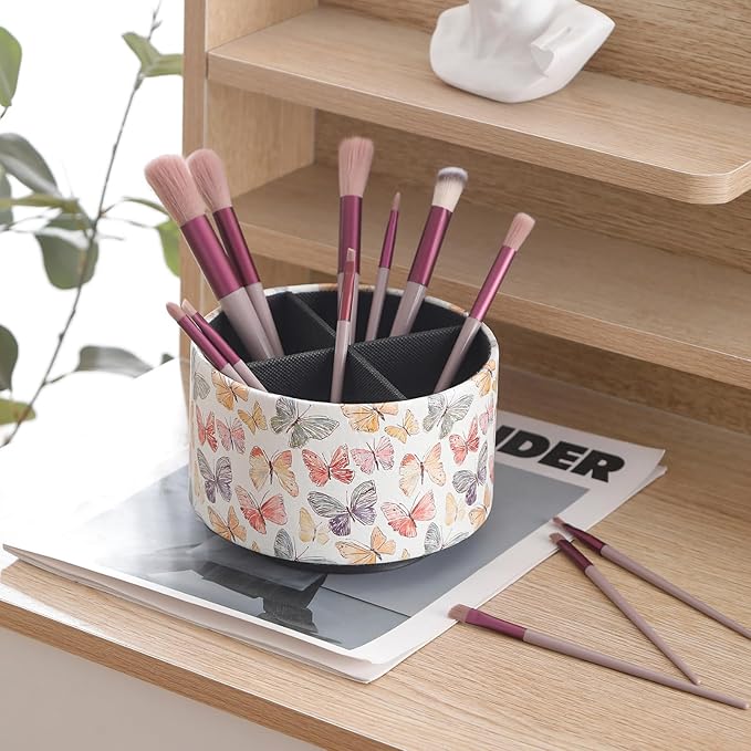 360 Degree Rotating Remote Control Holder for Table, PU Leather Spinning End Table Organizer Caddy, Cute Remote Control Caddy for Office Supplies, Makeup Brushes, Butterfly PH130