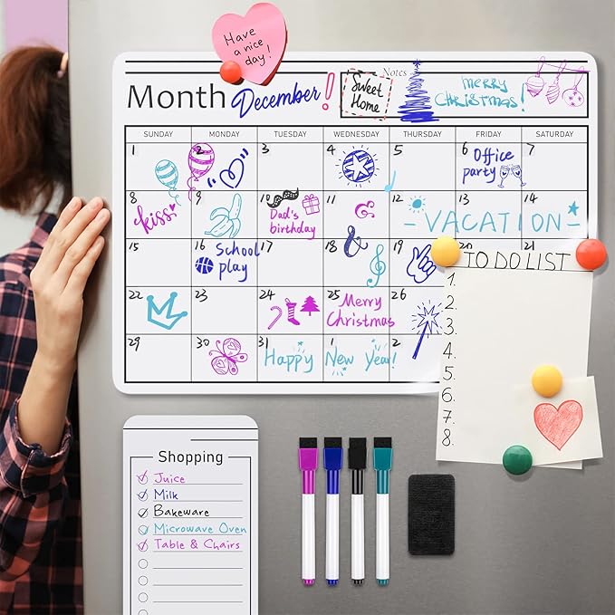 Amazon Basics Magnetic Dry Erase Whiteboard Calendar for Fridge, Easy to Clean, Schedule Organizer, 12" x 17", Includes 4 Markers and Eraser