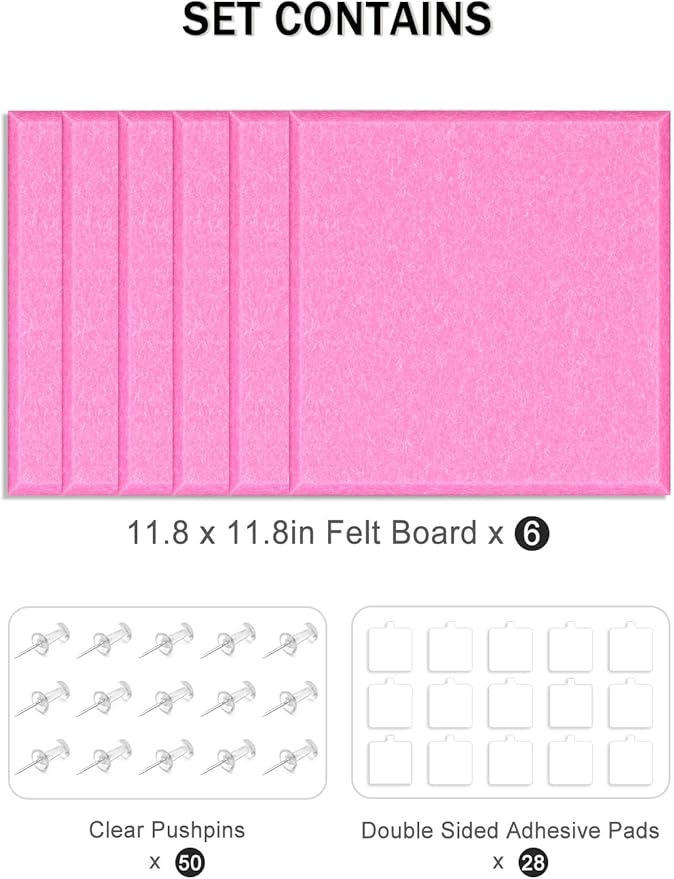 Hsurbtra Large Cork Board for Wall 36 x 24 Inch, 6 Pack Felt Bulletin Notice Board with Pushpins for Office Home School Farmhouse Wall Decor, Pink