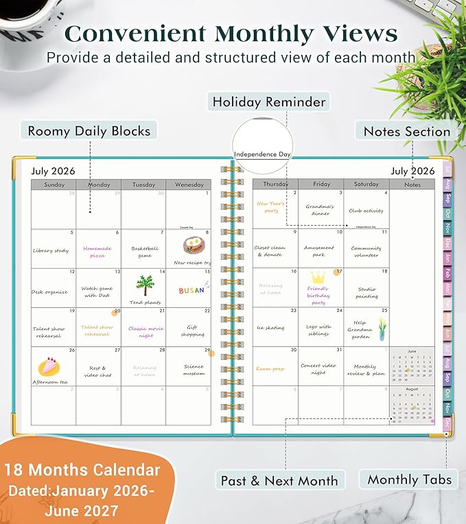 Academic Planner 2026-2027, 18 Months Weekly and Monthly Hardcover Planner, July 2026 - December 2027, 8.5" x 11" A4 Large Daily Calendar Planner Book with Tabs, Spiral College School Agenda Organizer for Student Teacher, Pacific Green