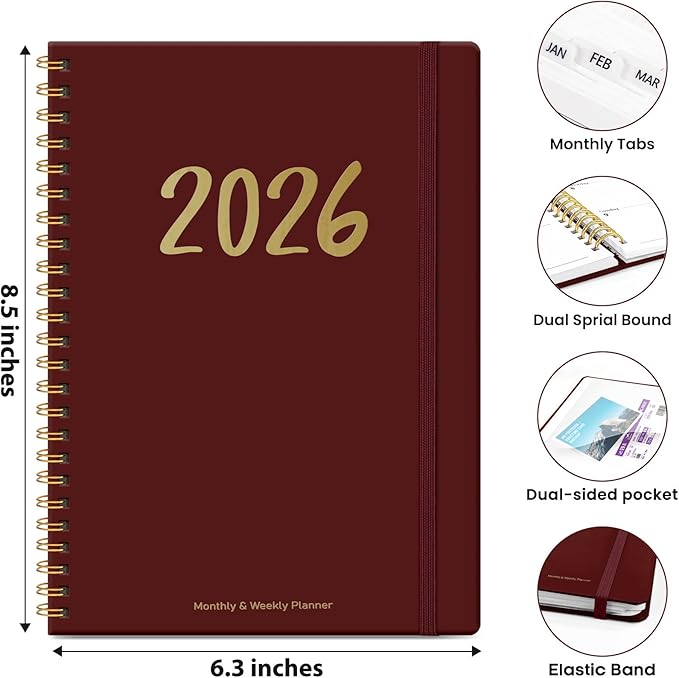 2026 Planner - Weekly and Monthly Planner, January 2026 to December 2026, Spiral Bound 2026 Calendar Planner Book, Inner Pocket, Perfect for Office Home School Supplies - A5 (6.3" x 8.5"), Burgundy