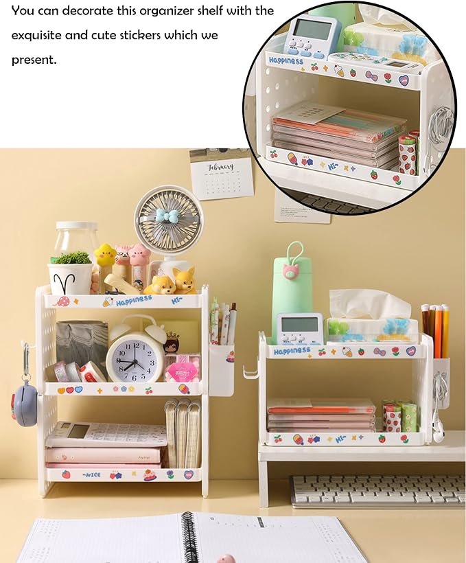 Lae Nuvole Desktop Organizer Shelf Stationery Organizer with Pen Holder Office Desktop Storage Rack Combinable Organization and Storage for Desk, Office, Countertop, Dorm (White, 2 Tier)