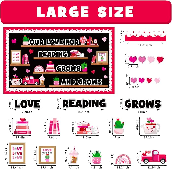 Valentine's Day Reading Bulletin Board Decoration Set, Valentines Day February Library Classroom Decorations Love Heart Book Plant Cutouts School Nursery Home Window Wall Door Decor for Teacher
