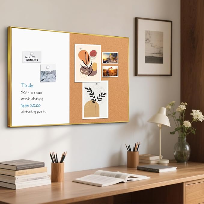 White Board Cork Board Combo, 30" x 20" Magnetic Dry Erase Whiteboard and Corkboard for Wall, Vision Board for Home Office School, Gold Aluminum Frame