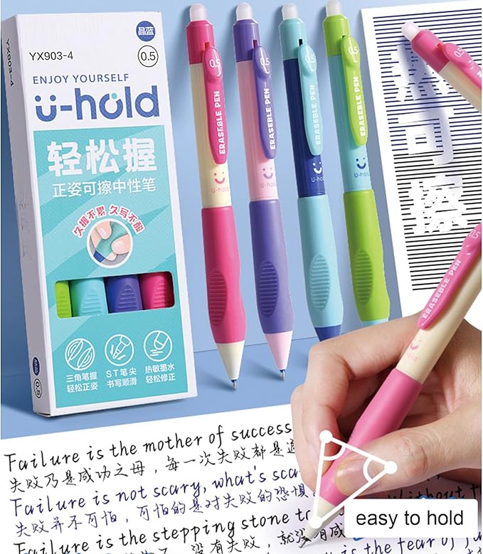 MOZXIRZ 4 Pcs Erasable Gel Ink Pens Cute Retractable Erasable Pens 0.5mm Blue Ink Pen Office School Pens Cute Aesthetic Pens Women Girls Pens Boys Men Pens (Style 3-Blue Ink)