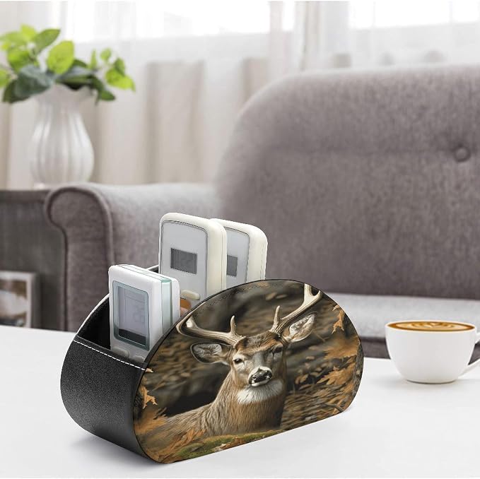 Leather Remote Control Holder with 5 Compartments Camouflage Deer Remote Caddy Desktop Organizer Store TV Remote Holder Remote Organizer for Bedside Table Office Desk