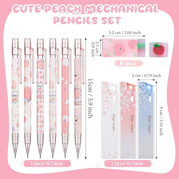 Breling 30 Pcs Kawaii Peach Mechanical Pencil Gift Set 12 Mechanical Japanese Pencils 6 Cute Peach Eraser 12 Tube HB Refill Graduation First Day of School Office Gift(0.7mm)