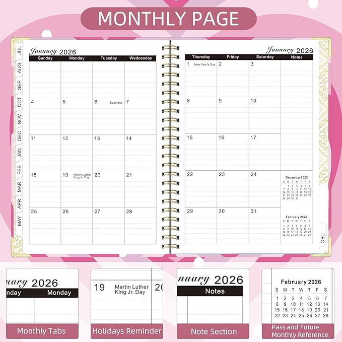 2026 Planner, Jan.2026 - Dec.2026 Planner Weekly and Monthly 6.25"x8.5" with Page Tabs, Calendar Hardcover with Inner Pocket, Elastic Band, Twin-Wire Binding, Bookmark, Pink Big Heart