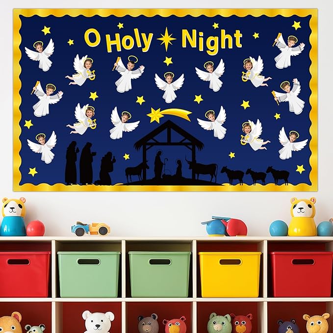 Christmas Nativity Religious Bulletin Board Set - Angel DIY Photo Craft Bulletin Board Classroom Decoration Nativity Scene Cutouts for School Church Chalkboard Wall Office Decor