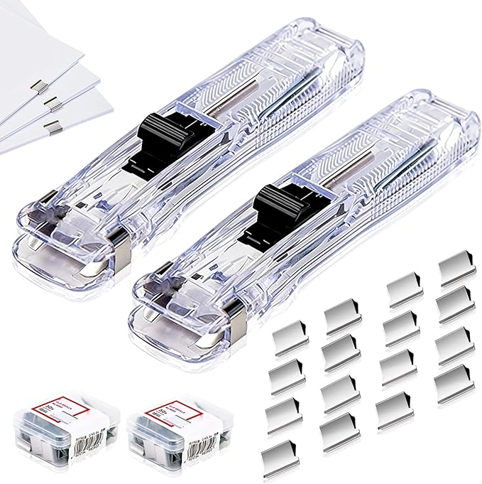 Portable Binder Clip Stapler with 100PCS Reusable Push Clips, Handheld Paper Clam Dispenser, Non-Destructive Desktop Stapler Alternative for Office School Home, Document Binding (Transparent-2pcs)