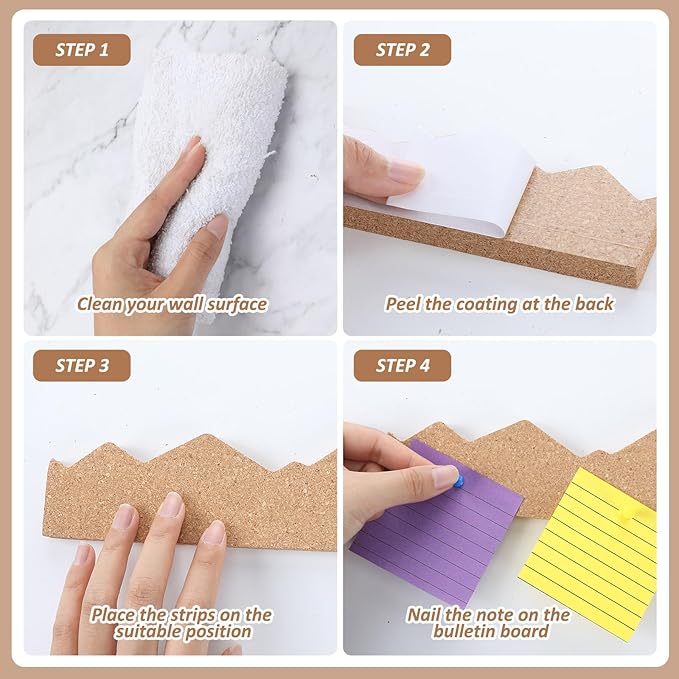 CroBlissful 4 Pcs Cork Strips Bulletin Bar Strip for Wall 12 x 3 Inches Frameless Cork Board Strips with 50 Push Pins, Self Adhesive Backing, for Classroom Office Home Cubicle (Mountain Style)