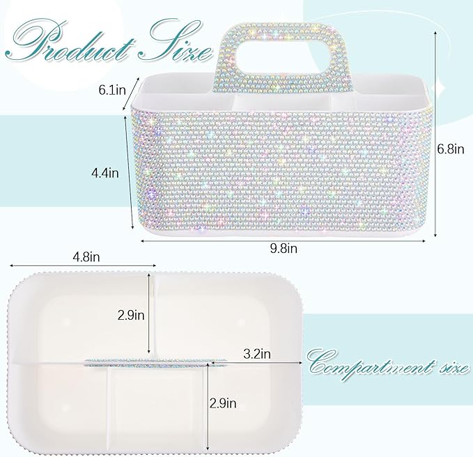 Marspark Bling Makeup Caddy Organizer with Handle, Sparkly Art Craft Holder, Glitter Bathroom Hair Caddy, Shimmer Pen Pencil Holder for Women Desk Organizer, Bling Gifts for Women(White,AB Diamond)