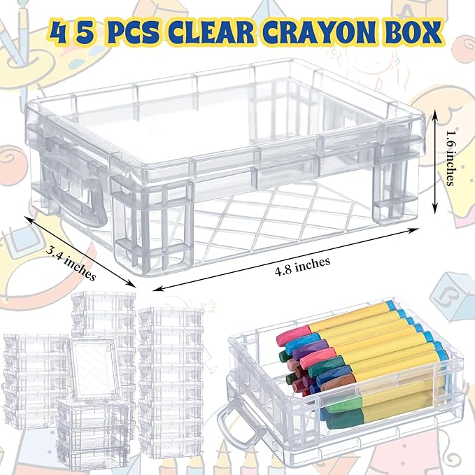 Suzile 45 Pcs Plastic Crayon Box with Lid Clear Crayon Organizer Stackable Storage Containers Bulk Pastel Holder Case for Office School Classroom Supplies Pen Pencil Art Crafts