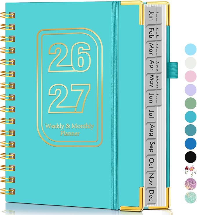 Planner 2026-2027, 18 Months Weekly and Monthly Hardcover Planner, January 2026 - June 2027, 5.75" x 8.38" A5 Daily Calendar Planner Book with Tabs, Spiral Yearly Agenda Organizer Notebook for School Work Home, Aquamarine