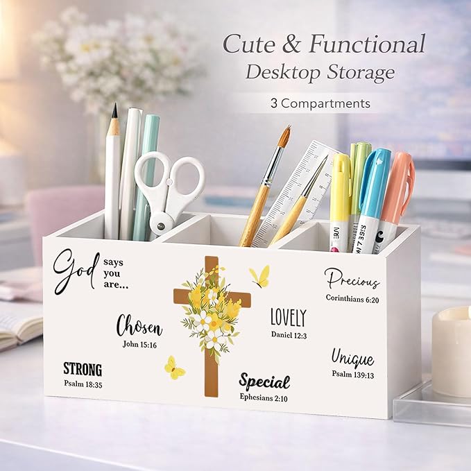 Christian Faith Wooden Desk Organizer | Inspirational Bible Verse Pen Pencil Holder, 3-Compartment Office Supply Storage Box for Desk, Home Office