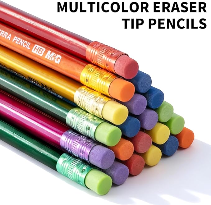 M&G Terra Series 24 Pack HB Triangular Wood-Cased Pencils, Unsharpened with Matching Erasers, Smooth Writing Break-Resistant Core, 6 Solid Metallic-Tone Colors for School Office Classroom Supplies