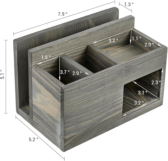 MyGift Vintage Weathered Gray Solid Wood Desktop Organizer – Mail Slot, 2 Pen Holders, Sticky Note Storage, Supplies Tray, Office Desk Caddy
