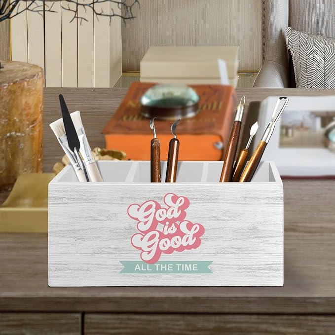 Inspirational Christian Pen Pencil Holder Organizer for Desk Accessories, God Is Good Bible Verse Religious Wooden Box Sign Desk Decor for Home Office Decoration, Christian Gifts for Women
