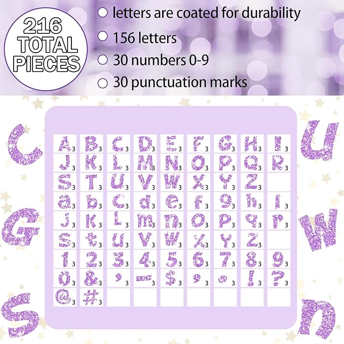 Colarr 216 Pcs Glitter Bulletin Board Letters for Classroom Number Alphabet Punctuation Symbol Cutout 4'' Die-Cut Poster Letter with Adhesive Dot School Party Holiday Decor Display(Violet)