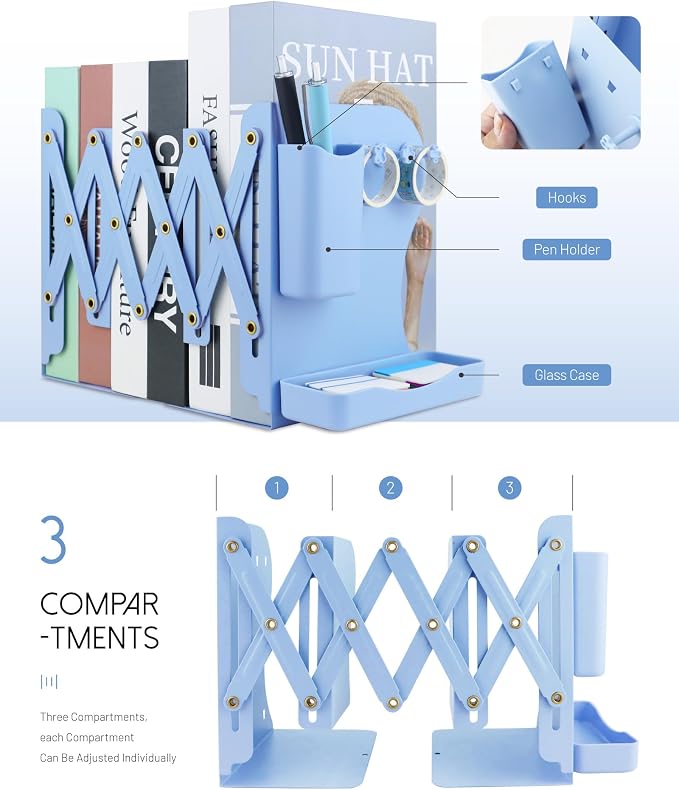 Heavy Duty Bookends Adjustable Book End, Desk Book Holder for Shelves, Book Organizer for Desk, Suitable for Office Home School (19.69 inches Max) (Light Blue)