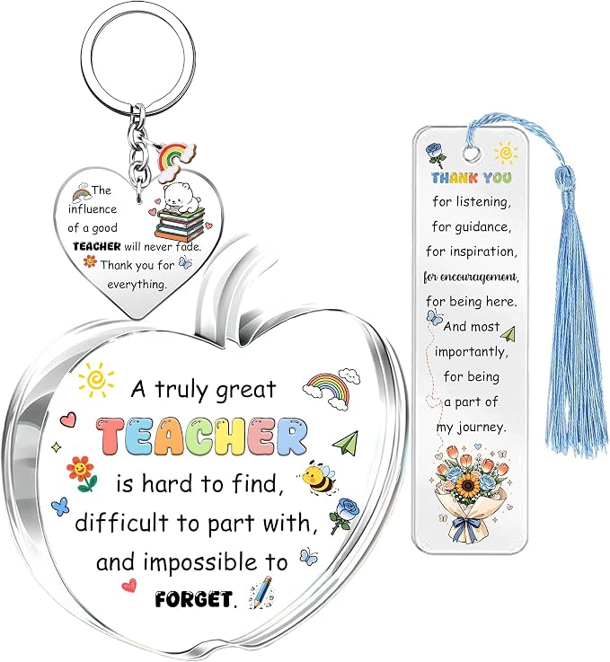 Teacher Gifts for Teachers Day Appreciate Presents Birthday Flower Shaped Signs Bookmark Keychain 3PC Set Graduation Christmas Keepsakes Acrylic Keyring Thank You Plaque Women Men Retirement (Thank)