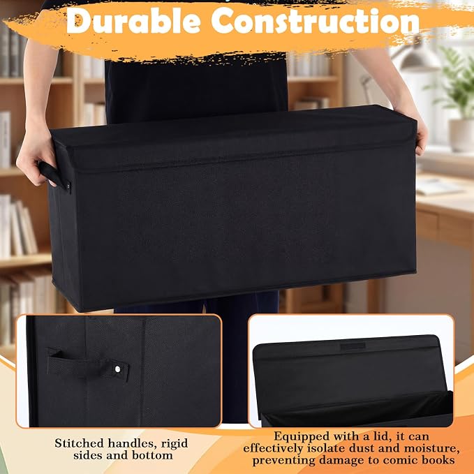 Long Comic Book Storage Box 27.5" x 7.5" x 11" Collapsible Holds 160-180 Comic Book Organizer with Handle and Lid for Current Silver Golden Comics Collection and Magazine
