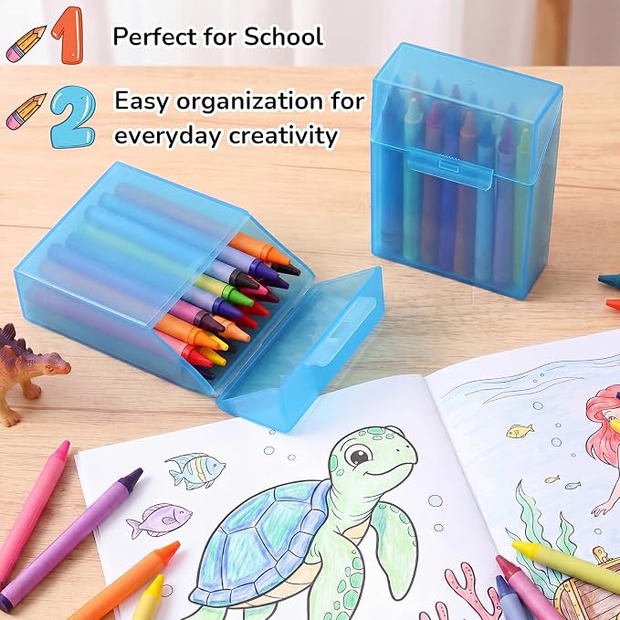 Clabby 2 Pcs Plastic Crayon Organizer Case for 24 Count Crayons Kids Art Supply Storage Box with Lid, Portable Holder for Classroom Home Travel, Fits Standard 24-Pack Crayon (Blue)