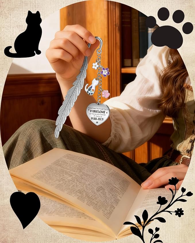 Buleens Bookmarks for Women Reading - Book Marks for Readers Book Lovers, Cute Feather Cat Paw Flower Personalized Metal Bookmark with Pendants, Pretty and Aesthetic Book Accessories Reading Gifts