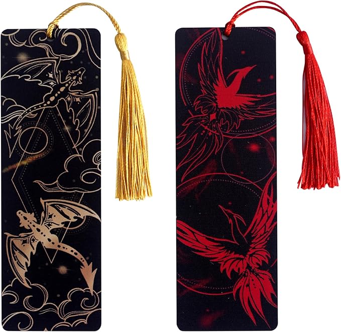 Set of 2 pcs - Bookmarks for Women with Silk Tassel - Perfect Book Markers Merchandise for Fantasy Fans, Dragon and Phoenix Pattern Fourth Book Marks - Unique Gifts for Wing Book Lovers