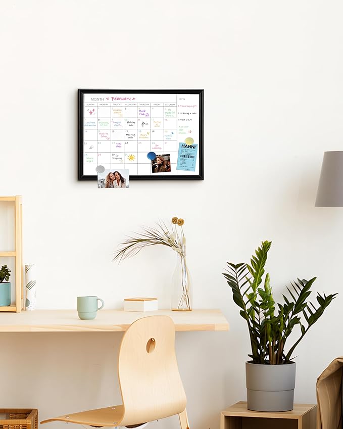 TORASO Dry Erase White Board & Monthly Calendar Board, Magnetic Whiteboard for Wall, Office/School/Home, Hanging Board for Decoration/Kitchen/Memo, Black Wood Frame, 10.5"x 14.5"(YL-BK-2737-A)