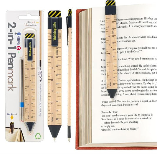 Gifts for Readers & Writers Pen Bookmark, Page Marker & Flat Writing Pen for Journal Notebook & Planner, Penmark Reading Accessory for Making Book Annotations, Ruler
