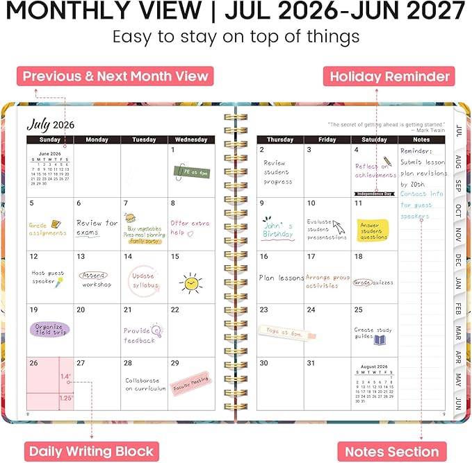 Academic Planner 2026-2027, Weekly and Monthly Calendar Book, July 2026 – June 2027, Hardcover Planner with Tabs, Perfect for Teachers, Students, Women & Men, A5 (6.4" x 8.5") - Pastel Garden
