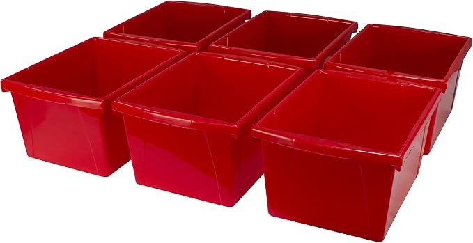 Storex 4 Gallon Storage Bin – Plastic Classroom Organizer for Books and Supplies, Red, 6-Pack (61452U06C)