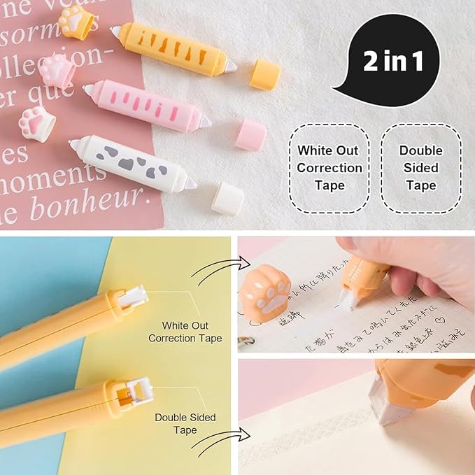 White Cute 2 in 1 Correction Tape and Glue Set, Double Sided Tape Roller, Cartoon Aesthetic Cat or DIY Scrapbook Kids Students Writing Kids Students Office School Supplies