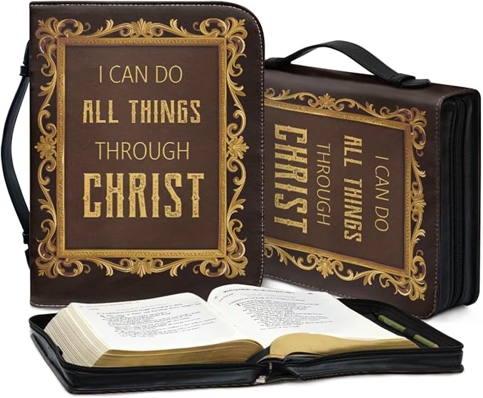 Retro Religious Style Cross Bible Case with Bookmark Waterproof Bible Cover Case for Women Lightweight Bible Bag with Handle Pockets Church Book Bag Brown