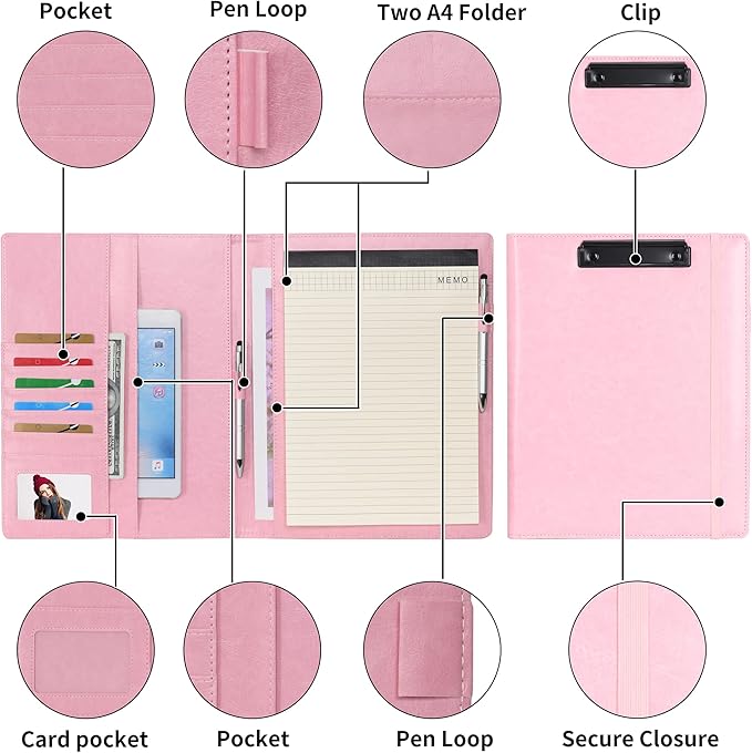 Wonderpool A4 PU Leather Clipboard Partfolio Notepad Forms Holders Document Case - Interview Planner Meeting Writing Padfolio File for Office Travel School Hotel Hospital (A4,Pink)