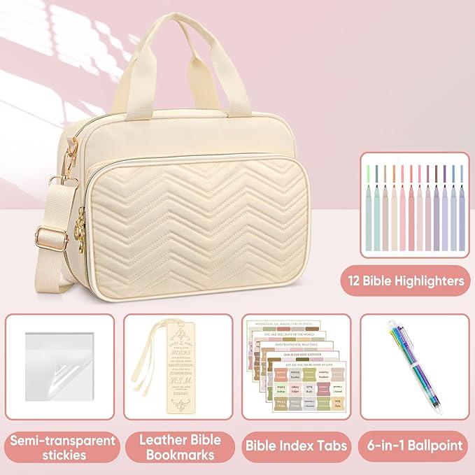 FINPAC Large Bible Cover Case for Women, Bible Study Supplies Journaling Kit with Shoulder Strap, Christian Gifts Church Bag, Beige