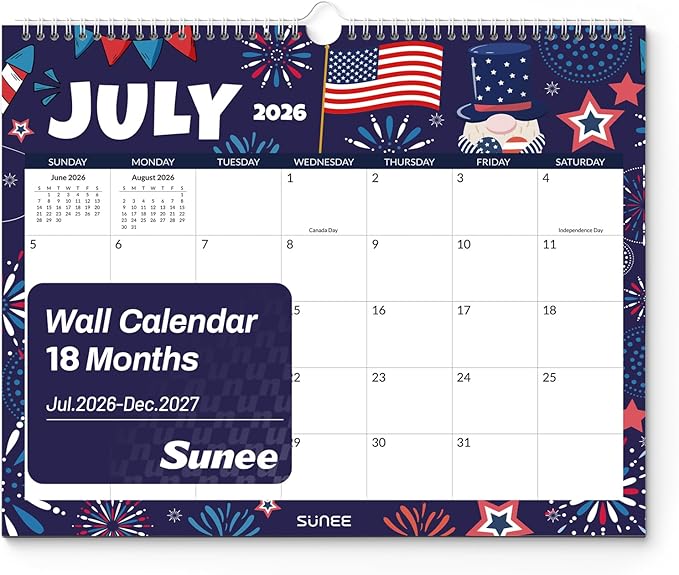 SUNEE Wall Calendar 2026-2027 18 Months Jul. 2026 - Dec. 2027, 14.5"x11.5" Big Grid Hanging Calendar with Note for Organizing & Planning, Monthly Calendar 2026-2027 with Last Month and Next Month, Seasons Color