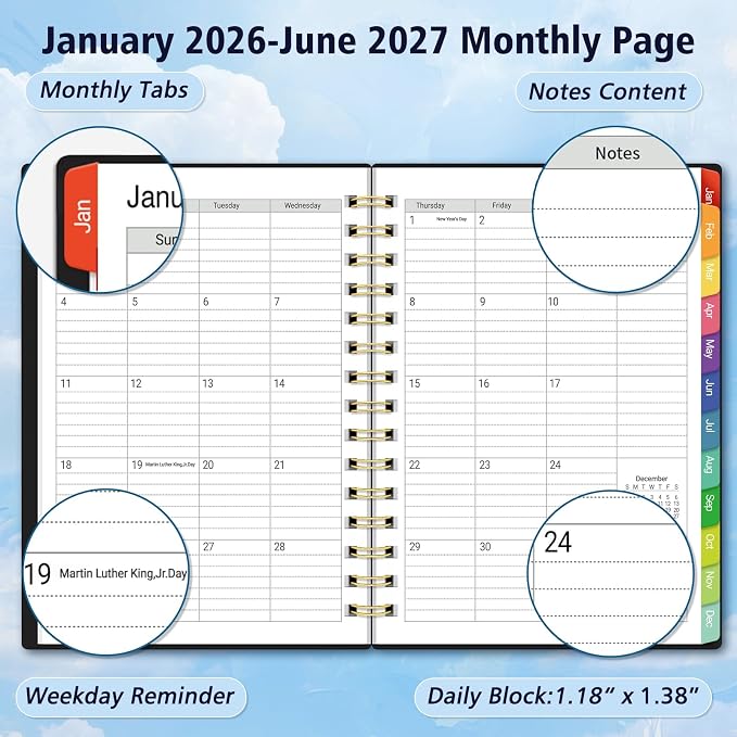 Daily Planner 2026-2027, 18 Month Planner with Tabs, January 2026 - June 2027 Weekly and Monthly Agenda Year Calendar Spiral Time Management, 100GSM Thick Paper, Twin-Wire Binding, A5 Size, Black