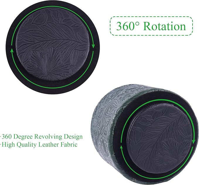lizimandu Round Leather Art Supply Organizer,Remote Control Holder,360 Degree Spinning,Multi-Functional Pencil Holder,4 Compartments Desktop Stationary Organizer(1-Carved Cooper Green)