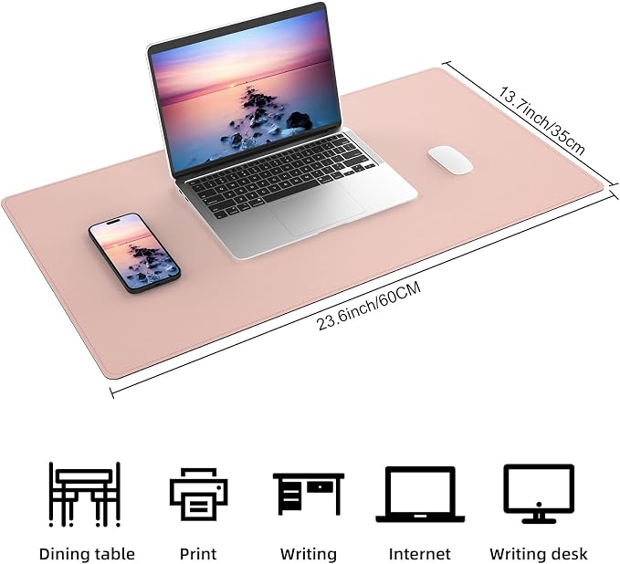 AFIING Leather Desk Pad Protector, Pink, 23.6" x 13.7" | Large Mouse Pad, Dual-Sided PU Leather ,Non-Slip, Waterproof, For Office and Home
